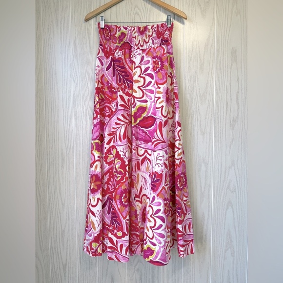 CeCe Pants - CeCe Pink Floral Wide-Leg Smocked Waist Linen-Blend Pants Size M EUC